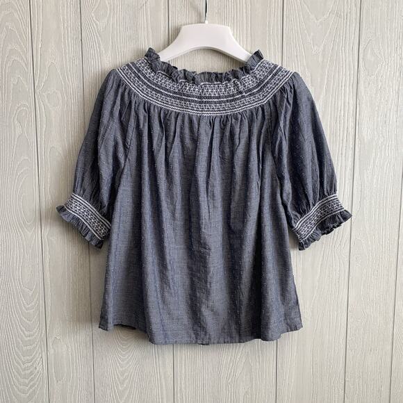 LOFT Blue Clip Smocked Short Sleeve Top Size Small - Picture 5 of 5